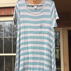 LuLaRoe S Carly grey with teal stripes